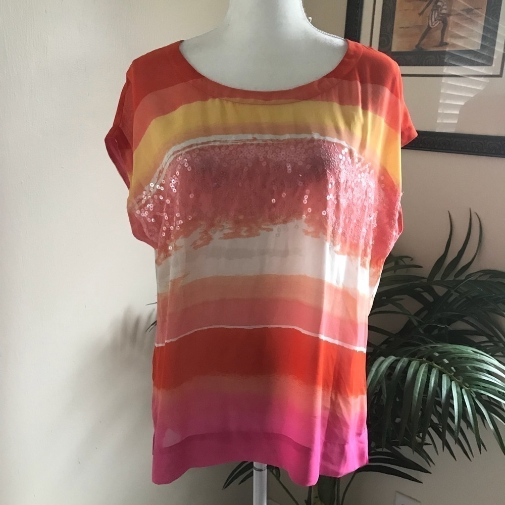 Josephine Sheer Clear Sequin Cap Sleeve Women’s Top Top M Pink Orange
